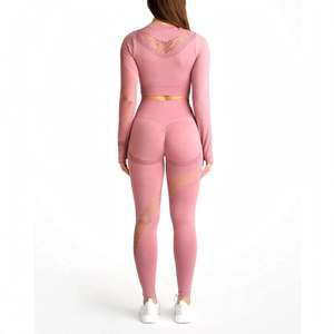 Women's <b>Pink</b> Two-Piece Yoga Set Stand Neck Asymmetric Custom OEM Design High Elastic Waist Closure Seamless Breathable - Product Image 2