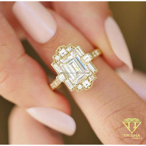 925 Sterling <b>Silver</b> Moissanite Diamond <b>Emerald</b> Cut <b>Ring</b> With Baguette Side Stones Gold Tone Luxury Bridal Jewelry For Women - Product Image 5