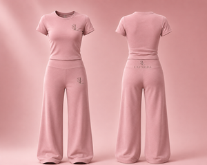 <b>Pink</b> Solid Casual Embroidered Two Piece Women Set Short Sleeve <b>Crop</b> <b>Top</b> Wide Leg Pants for Outfit - Product Image 1