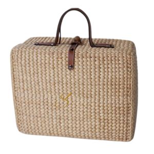 Panier de pique-nique en jacinthe d'eau tissé à la main avec poignées en similicuir - Product Image 3