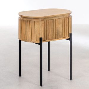 Modern Mango Wood Nightstand Round <b>End</b> <b>Table</b> Bedroom with Fluted <b>Storage</b> Cabinet Metal Legs 1-Drawer - Product Image 3