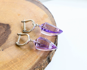 Amethyst Sterling Silver Amethyst Gemstone Dangles With Lever <b>Back</b> Statement <b>Earrings</b> For Women Wearing - Product Image 4