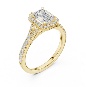 Bague de fiançailles en or jaune avec diamant de laboratoire taille émeraude et halo de diamants, bague de mariage pavée de diamants pour femme - Product Image 3