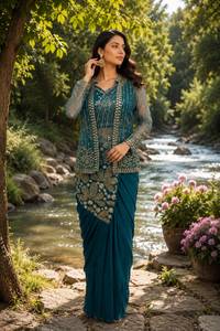 Hermoso sari de satén de seda estilo Bollywood, listo para usar, con blusa cosida. - Product Image 3
