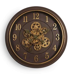 Moving gear wall <b>clock</b> 18 inch brown vintage rustic frame with <b>silent</b> retro gold numbers for cafe home decoration - Product Image 1