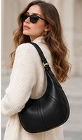 Sac à bandoulière Hobo élégant en cuir véritable noir de qualité supérieure pour femme, style bohème japonais, avec fermeture éclair, pour l'automne, sac à main croissant élégant pour le quotidien