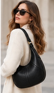 Sac à bandoulière Hobo en cuir véritable noir de qualité supérieure, style bohème, avec fermeture éclair, pour femme, élégant sac à main croissant, usage quotidien, OEM - Product Image 5