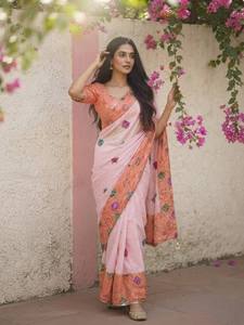 <b>Orange</b> Color Digital Printed Embroidered <b>Saree</b> With Lace Blouse Traditional Indian Wear - Product Image 1