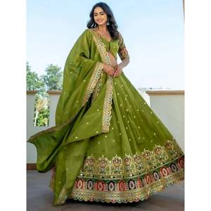 Dazzling Green Embroidered Silk Mehendi Wear Lehenga Choli for <b>Wedding</b> - Product Image 1