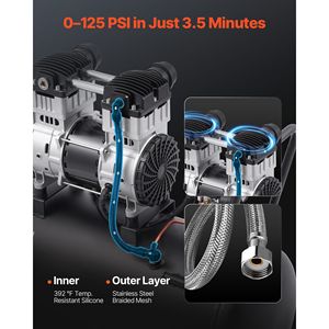 Compressore d'Aria Industriale Silenzioso 2HP 5.3 CFM@90 PSI con Serbatoio in Acciaio da 15 Galloni Senza Olio Pressione Massima 125PSI 78dB - Product Image 3