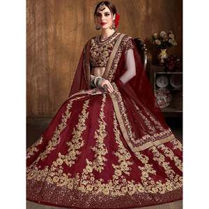 Conjunto de Lehenga Choli de Seda con Bordado Dori Color Granate para Bodas, Talla Grande - Product Image 6