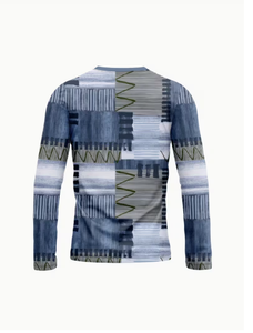 Men Blue Long Sleeve Casual <b>Shirt</b> <b>Patchwork</b> Print Breathable Knitted V-Neck Summer Wear Full Sleeve Fashion Top - Product Image 4