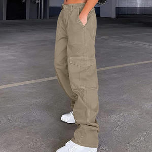 Ladies Stylish Custom <b>Summer</b> Cargo <b>Pants</b> Washed Mid Flat Front Elastic Waist Breathable Polyester/Cotton Baggy Pockets - Product Image 6