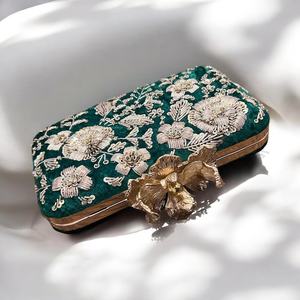 Jewelry bag Case with Gold Floral Embroidery and Magnetic <b>Snap</b> Closure green colour packaging bag - Product Image 1