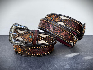 Ceinture Western de luxe, sculptée à la main, motif feuille de cowboy, avec boucle en laiton à motifs floraux, longueur personnalisée - Product Image 5