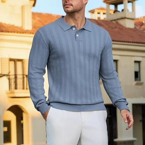 Pull en maille à manches longues pour homme, couleur unie bleu, fermeture boutonnée, pull décontracté pour le printemps - Product Image 3