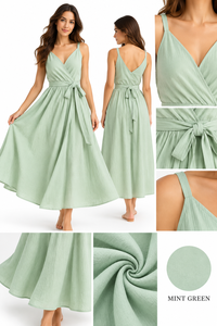 Elegante Vestido Maxi Casual de Lino Sólido sin Mangas con Cuello en V y Cintura Anudada, Fluido, para Vacaciones de Verano, Resort, Playa, Proveedor Mayorista - Product Image 4