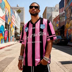 Maillot de football rayé rose et noir pour homme, col en V, manches courtes, respirant, en polyester, avec short de football - Product Image 6