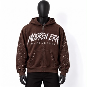 Sudadera con capucha y cremallera completa, color marrón espresso oscuro, con pedrería, personalizada OEM, de forro polar grueso, estilo streetwear, fabricante de prendas gráficas de lujo. - Product Image 1