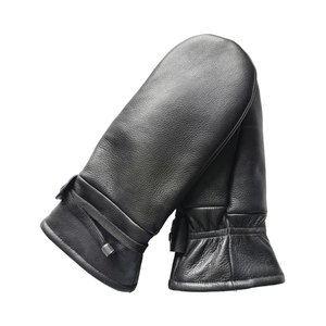 Leather <b>Mittens</b> Wrist Length Thermal Black <b>Wool</b> Lining Plain Winter Outdoor Daily Use - Product Image 1