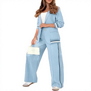 Ensemble de survêtement beige pour femme, coupe ample, manches longues, couleur unie, style décontracté avec bordure blanche, pantalon large à taille élastique - Product Image 6