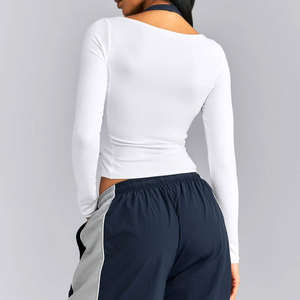 Venta de Fábrica: Camiseta Deportiva de Yoga para Mujer, Cuello Ancho, Corte Recortado, Manga Larga, Material Acanalado, Alta Elasticidad, para Verano - Product Image 2