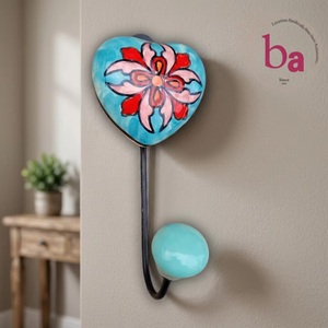 Ba Handmade Ceramic Heart Wall <b>Hook</b> With Flower Pattern Retro Style <b>Coat</b> Hanger For Home <b>Decor</b> - Product Image 1