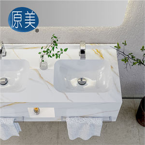 Mueble de Baño Moderno de Pared con Lavabo de <span class=keywords><strong>Roca</strong></span> de Pizarra, Mueble de Lavabo de Lujo para Hotel con Iluminación LED, Nicho y Toallero - Product Image 2