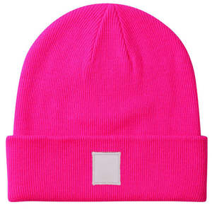 Gorro de Punto Acrílico 100% Rosa a Rayas con Borde Doblado y Parche Cuadrado, Ajustable para Invierno Unisex - Product Image 1