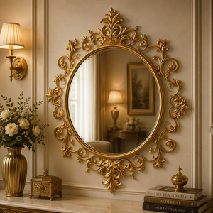Espejo Ovalado de Madera Tallado a Mano con Cuentas de Laurel, Acabado en Oro Antiguo, Espejo Decorativo de Pared, Accesorio de Lujo Atemporal para el Hogar - Product Image 5