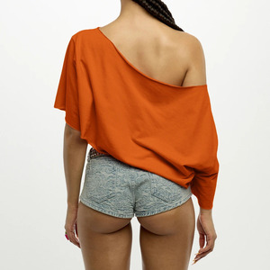 Premium Quality Women's <b>One</b> Shoulder Crop <b>Top</b> Orange Chiffon Hem Long Sleeve Loose Fit Spring Summer Style Slant Shoulder <b>Tops</b> - Product Image 2