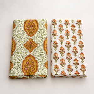 Orange Floral Hand Block Printed Cotton Fabric <b>Set</b> with Mughal Motif Pattern for Dress Material Suit Dupatta <b>Sewing</b> Craft Textil - Product Image 1