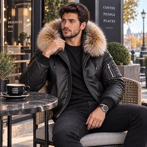 Luxury <b>Men</b>’s Leather Bomber biker <b>Jacket</b> Fox Fur Hood | Herren Luxus Lederjacke | Chaqueta de Lujo Hombre | Giacca Lusso Uomo - Product Image 1