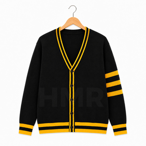 Cárdigan de Invierno Vintage Ecológico Personalizado HMR, Cárdigan de Punto a Rayas Negro y Amarillo, Cuello en V, Manga Larga, Informal - Product Image 5