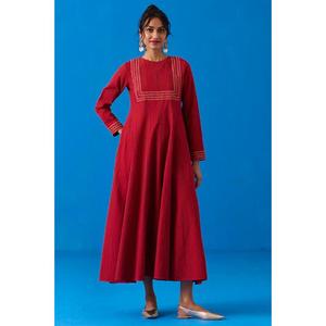 Vestido largo rojo de manga larga para mujer, vestido informal étnico de algodón con cuello cuadrado - Product Image 1