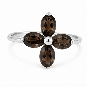 Bague tendance en argent sterling plaqué rhodium avec quartz fumé taille fleur serti de griffes pour femme - Rhaya Jewels - Product Image 3