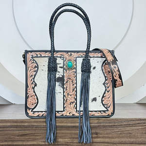 Nouveauté Sac à main de grande capacité de créateur Sac à bandoulière Sac à main de luxe en cuir travaillé à la main Sac cabas pour femme avec pierre turquoise et franges - Product Image 4