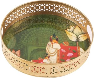 Pot en métal Pichwai artisanal avec plateau, design vintage, récipient décoratif traditionnel pour la décoration de la maison, festival et article cadeau - Product Image 2