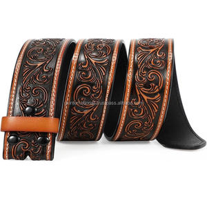 High Quality <b>Men's</b> fashion western leather tooling <b>belt</b> with hand carved leaf design engraved tooled leather cowboy <b>belt</b> - Product Image 4