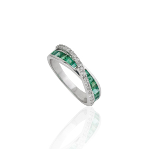 925 Sterling <b>Silver</b> Crossover Diamonds & Natural <b>Emerald</b> Gemstone Fine Band <b>Ring</b> For Women's Everyday Wear - Product Image 3