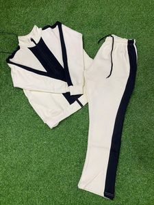 Unisex White <b>Navy</b> Color Blocking Tracksuit Set Full Sleeve Half-Zip Sweatshirt Drawstring Pants Casual Autumn Wear - Product Image 1