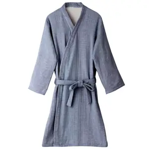 [Wholesale Products] HIORIE Cotton 100% Gauze Towel Bathrobe Women's Sleepwear Kimono Pajama Lounge wear made in Japan Blue