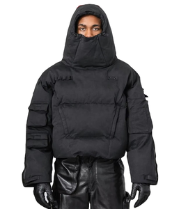 Veste d'hiver matelassée pour homme de haute qualité, col montant, capuche, fermeture éclair, masque intégré, plusieurs poches, noire, légère, logo personnalisé - Product Image 1