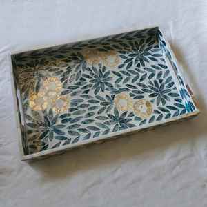 Plateau de service rectangulaire authentique indien en os incrusté, style classique, durable, personnalisable, poli, avec motif floral élégant, fait main - Product Image 5