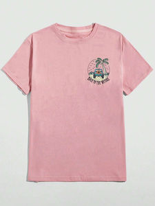 Camiseta de Manga Corta Rosa para Hombre, Estampado Tropical, Corte Regular, Cuello Redondo, 100% Algodón Jersey, Transpirable, Secado Rápido - Product Image 2