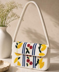 Bolso de mano bordado con cuentas florales, bandolera a rayas blanca, amarilla, roja y azul para mujer, accesorio elaborado con técnica de costura - Product Image 1