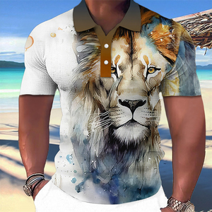 Camiseta de Manga Corta con Estampado 3D de León, Personalizada por Sublimación, Estilo Casual para Uso Diario, con Solapa, Diseño de Bestia Feroz, en Poliéster para Hombre - Product Image 1