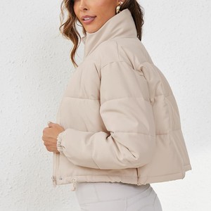 Women's Cropped Puffer Jacket Solid Color Stand Collar Zipper Closure Full <b>Sleeve</b> Winter Warm Outerwear Wholesale Puffer Jacket - Product Image 2