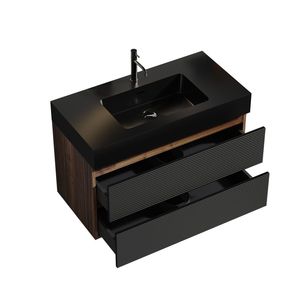 Mobile bagno Grace da 36 pollici in noce con lavabo in quarzo nero opaco, cassetti neri opachi, design sospeso a parete - Product Image 4