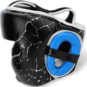 Protège-tête de boxe en cuir PU avec impression craquelée noir et bleu, équipement de protection, fermeture auto-agrippante, unisexe, adultes, usage universel - Product Image 2